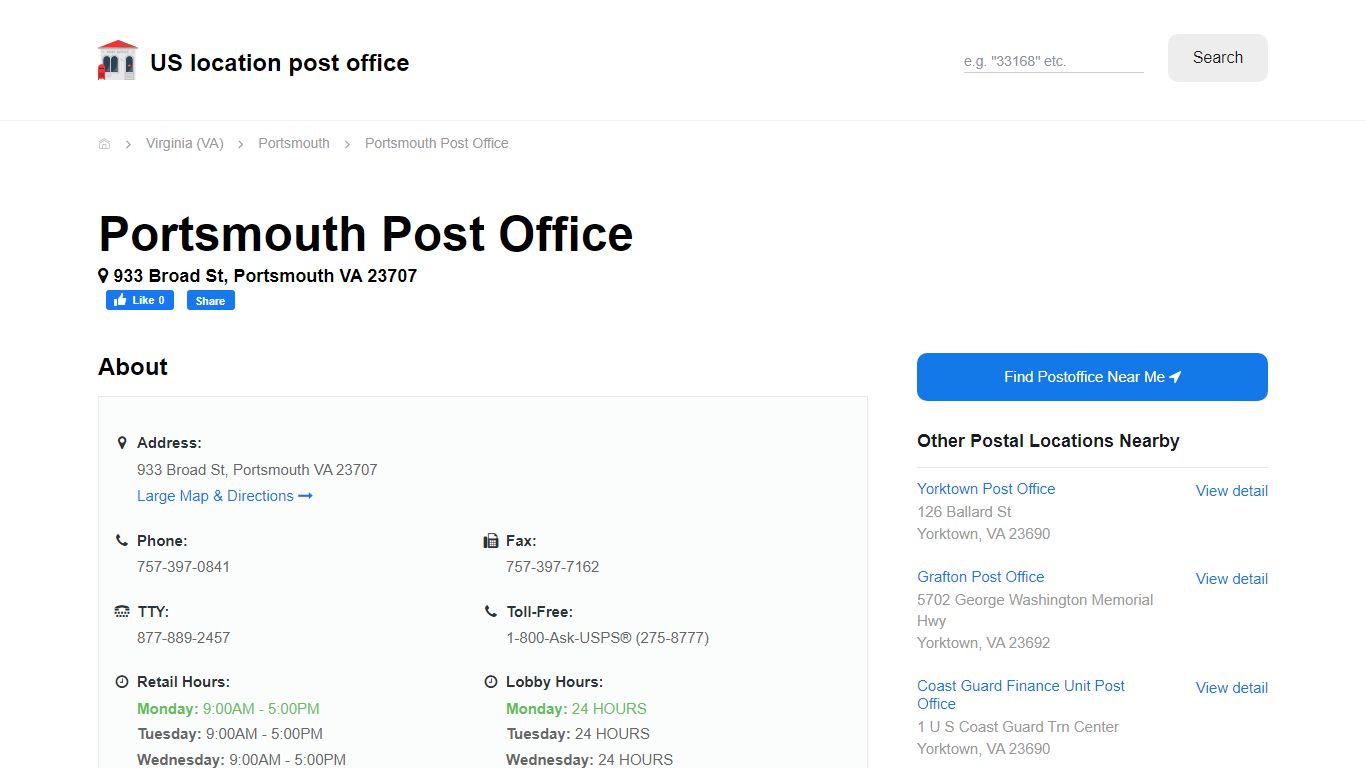 Portsmouth Post Office, VA 23707 - Hours Phone Service and Location