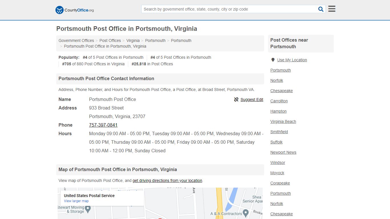 Portsmouth Post Office - Portsmouth, VA (Address, Phone, and Hours)