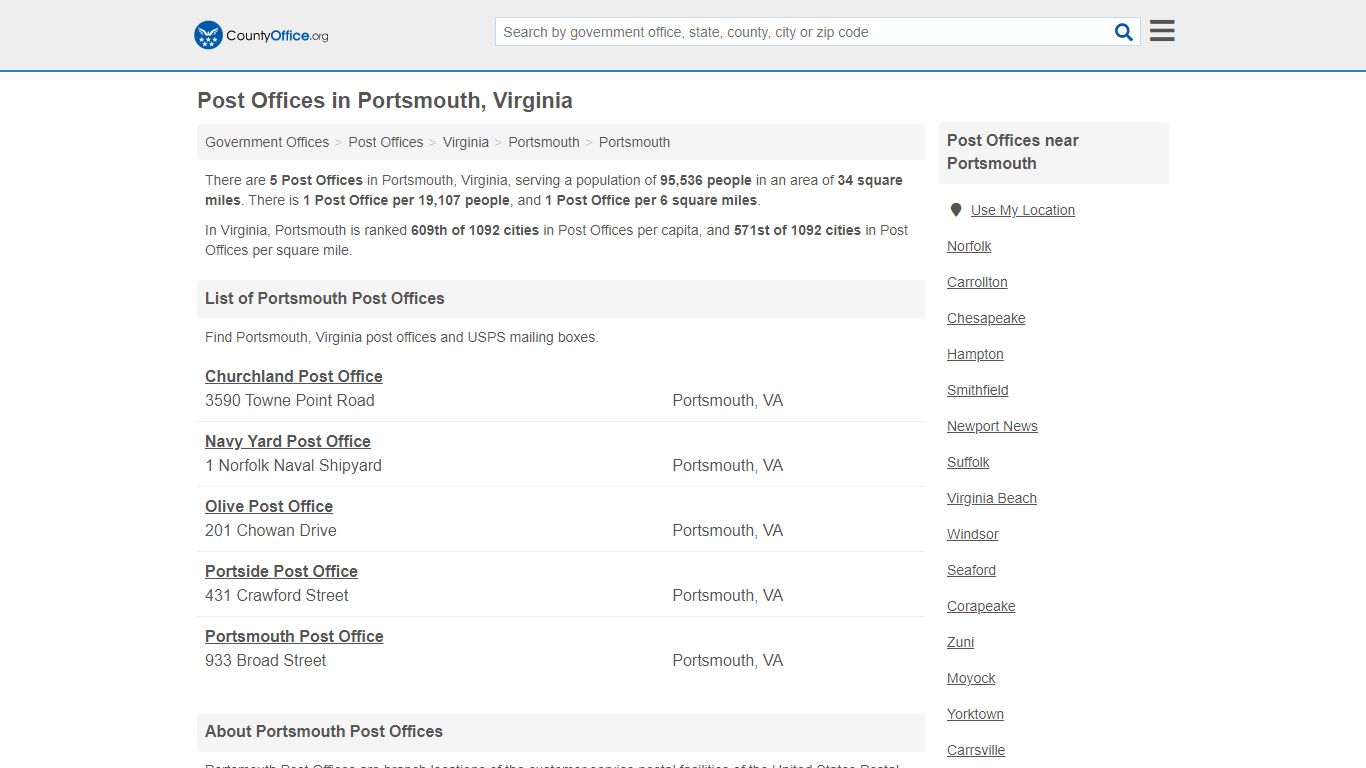 Post Offices - Portsmouth, VA (Mail Services & PO Boxes)