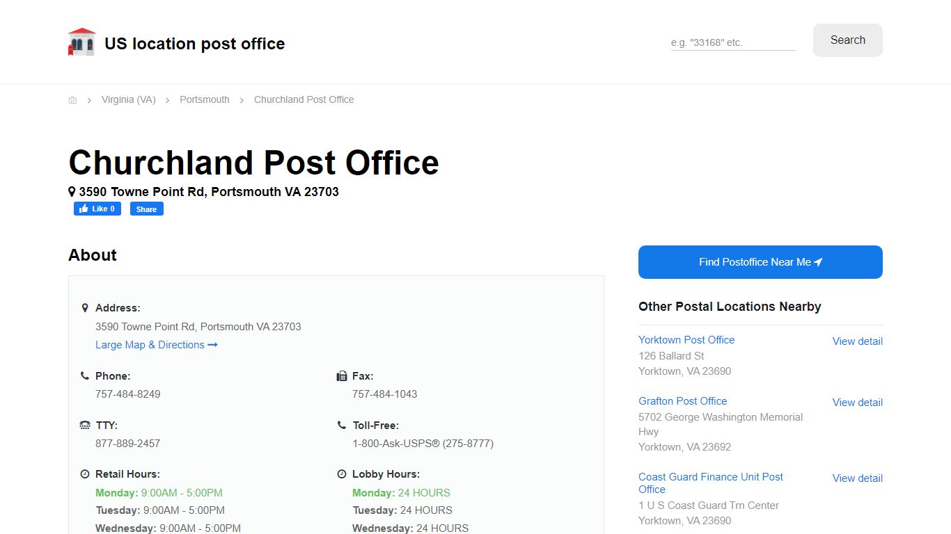 Churchland Post Office, VA 23703 - Hours Phone Service and Location